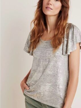 by Anthropologie Metallic Flutter Sleeve Women's Top NWOT